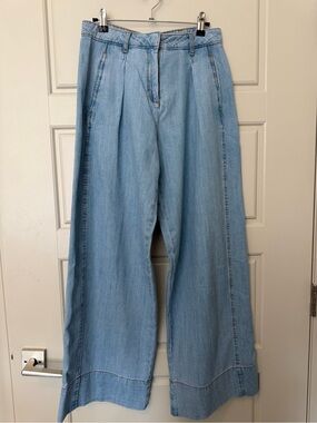 Zara Light Blue Wide-Leg Pleated Denim Pants